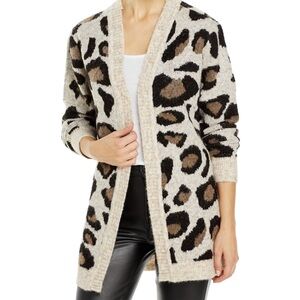 AQUA Leopard Print Open Front Cardigan Sweater XS Black Cream